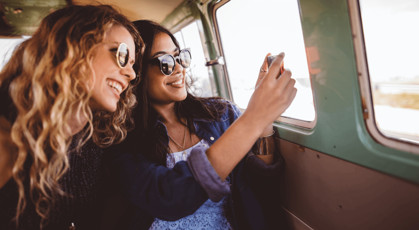 Friends taking pictures in a car